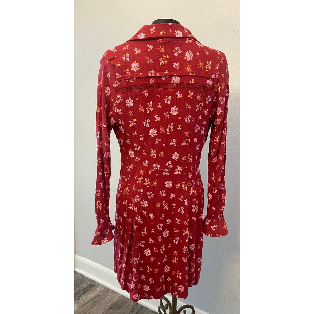 Free People NWT red floral dress babydoll L/S rufflecuff sz L Boho cottage artsy - Picture 2 of 6